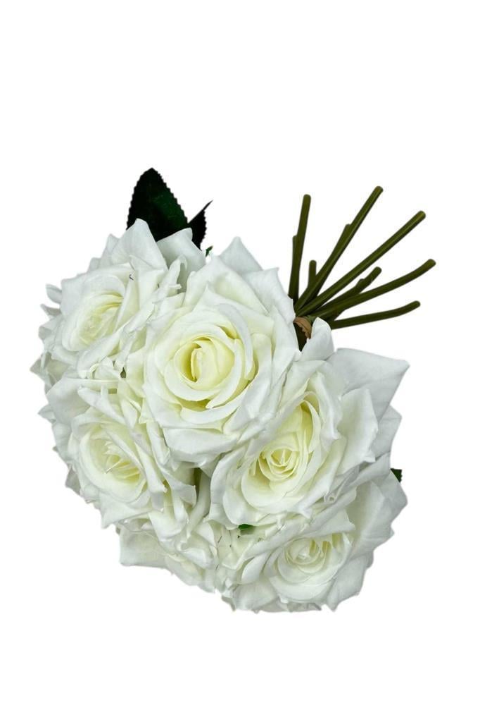 Yapay Çiçek Beyaz Gül 10lu Demet Gelin Çiçeği Buketi Masa Üstü Vazo Çiçeği 25cm