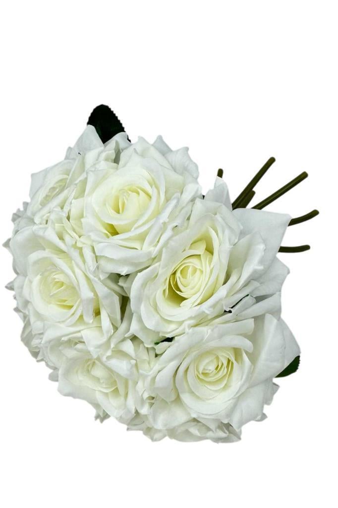 Yapay Çiçek Beyaz Gül 10lu Demet Gelin Çiçeği Buketi Masa Üstü Vazo Çiçeği 25cm