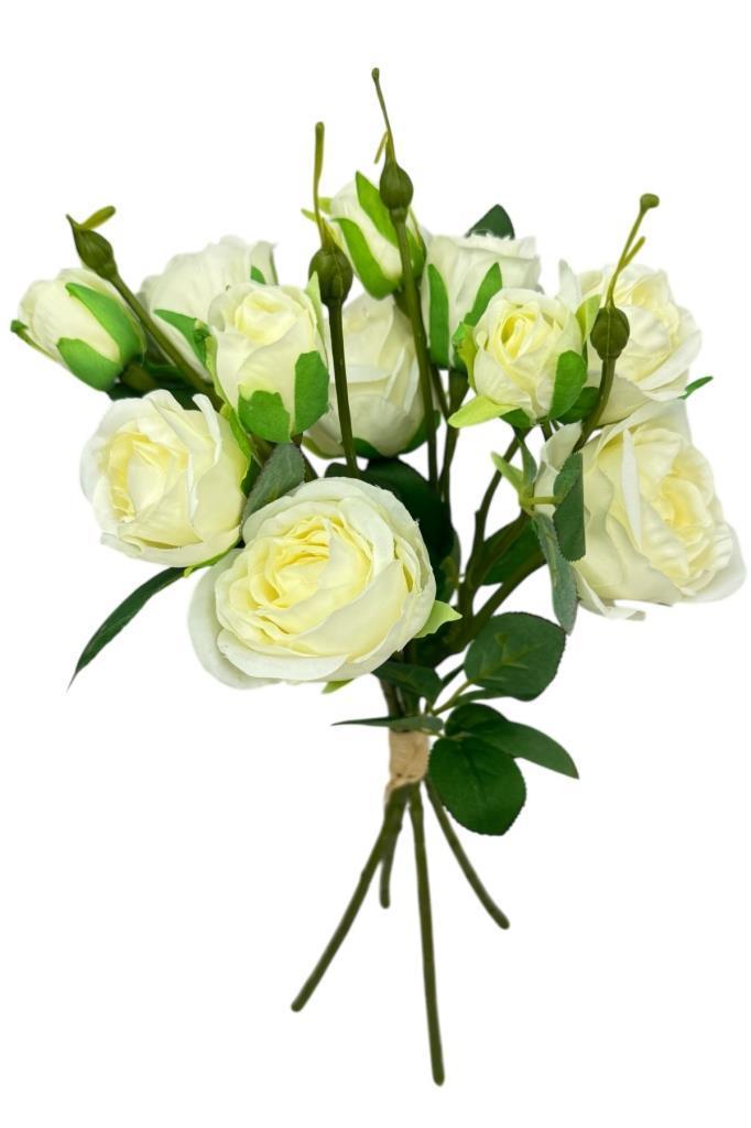 Yapay Çiçek Beyaz Gül 8 Gül 4 Tomurcuklu Lüx Demet Gelin Çiçeği Buketi Masa Üstü Vazo Çiçeği 47cm