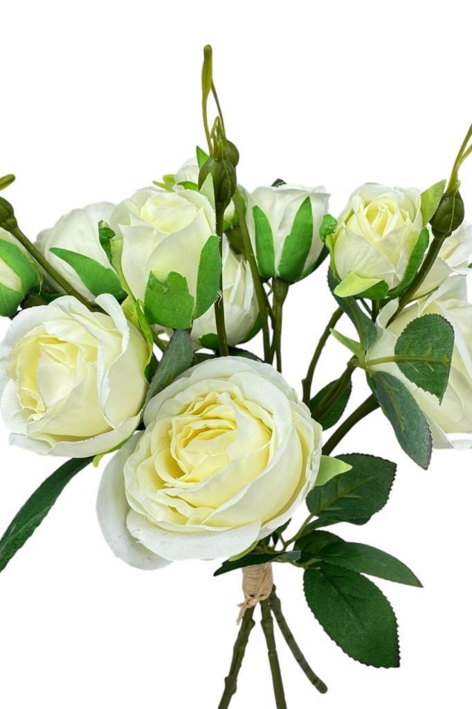 Yapay Çiçek Beyaz Gül 8 Gül 4 Tomurcuklu Lüx Demet Gelin Çiçeği Buketi Masa Üstü Vazo Çiçeği 47cm