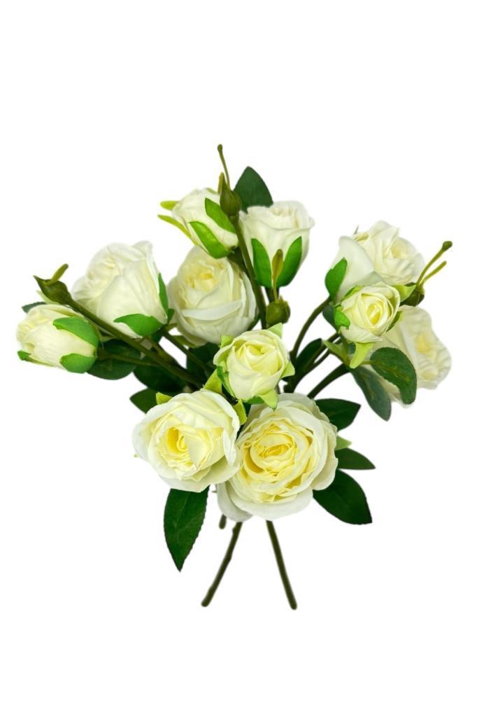 Yapay Çiçek Beyaz Gül 8 Gül 4 Tomurcuklu Lüx Demet Gelin Çiçeği Buketi Masa Üstü Vazo Çiçeği 47cm