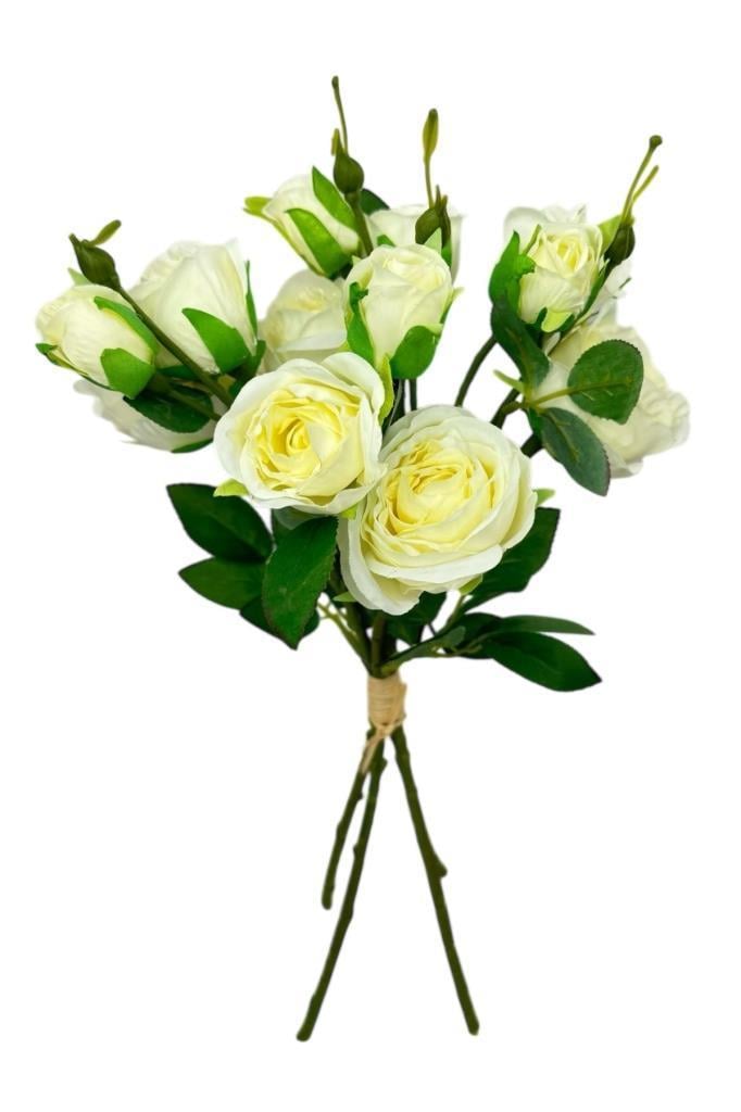 Yapay Çiçek Beyaz Gül 8 Gül 4 Tomurcuklu Lüx Demet Gelin Çiçeği Buketi Masa Üstü Vazo Çiçeği 47cm