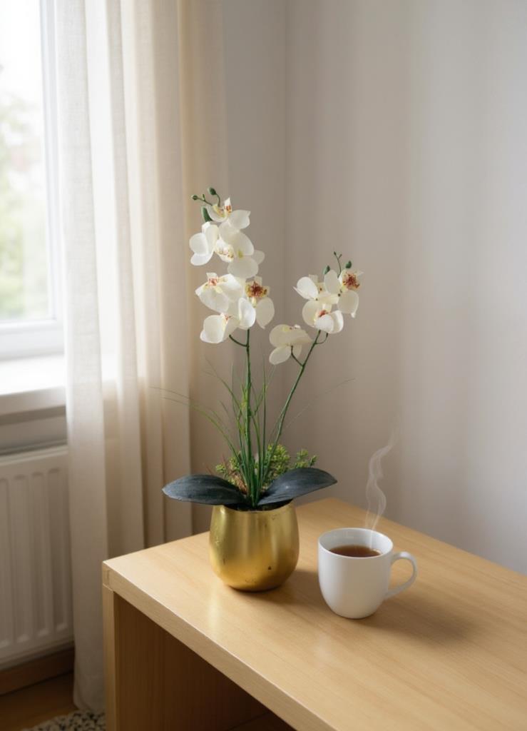 Yapay Çiçek Beyaz Islak Orkide Gold Metal Saksıda Saksıda Orkide 50cm