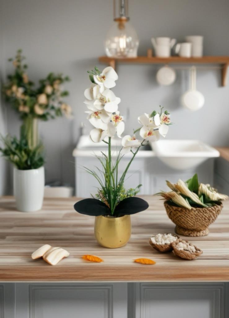 Yapay Çiçek Beyaz Islak Orkide Gold Metal Saksıda Saksıda Orkide 50cm