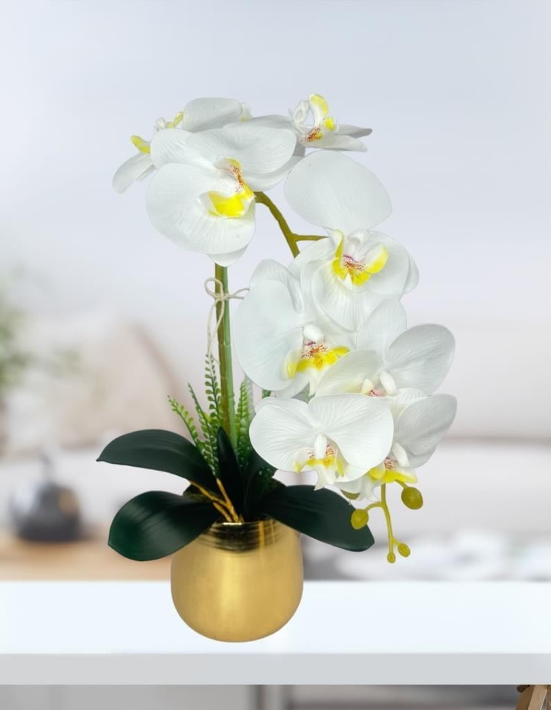 Yapay Çiçek Beyaz Islak Orkide Gold Metal Saksıda Seramik Saksıda Orkide 60cm