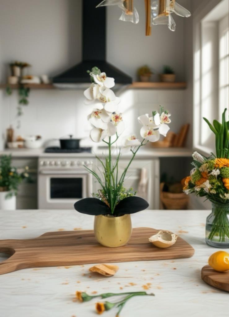 Yapay Çiçek Beyaz Islak Orkide Gold Metal Saksıda Saksıda Orkide 50cm