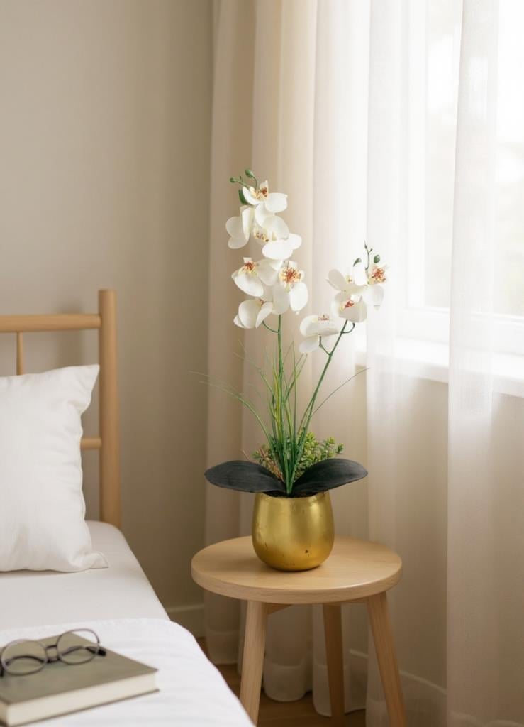 Yapay Çiçek Beyaz Islak Orkide Gold Metal Saksıda Saksıda Orkide 50cm