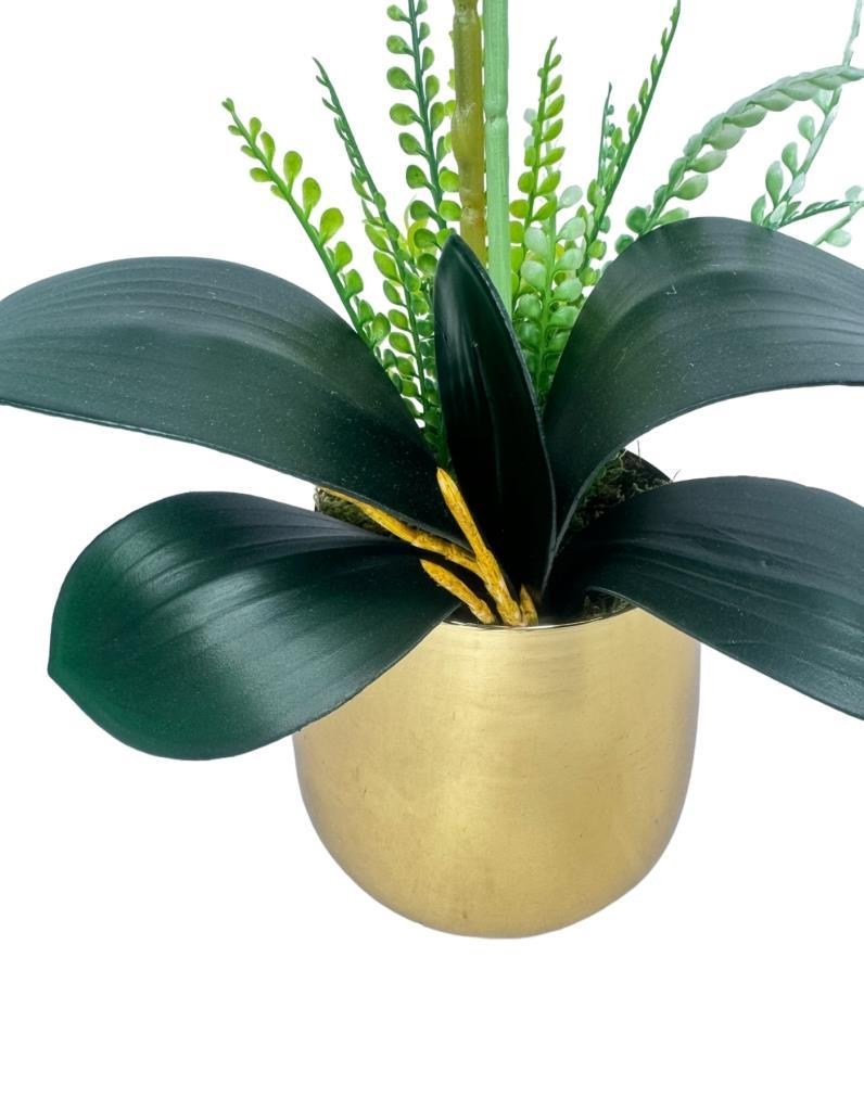 Yapay Çiçek Beyaz Islak Orkide Gold Metal Saksıda Seramik Saksıda Orkide 60cm