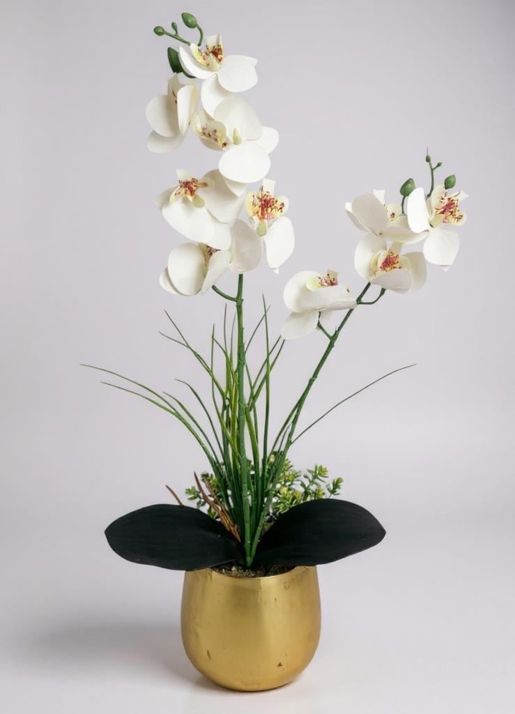 Yapay Çiçek Beyaz Islak Orkide Gold Metal Saksıda Saksıda Orkide 50cm