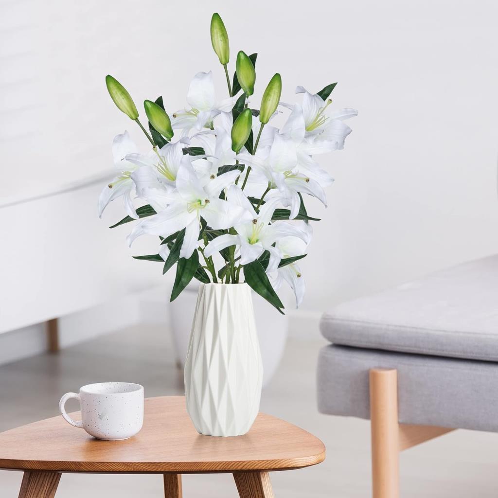 Yapay Çiçek Beyaz Lilyum 3 Kafalı Uzun Dal Çiçek Zambak Lily Flowers 80cm