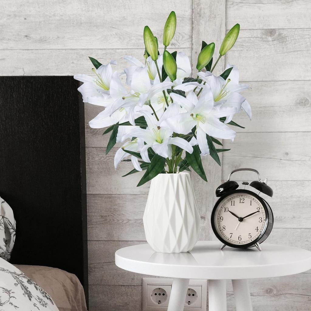 Yapay Çiçek Beyaz Lilyum 3 Kafalı Uzun Dal Çiçek Zambak Lily Flowers 80cm