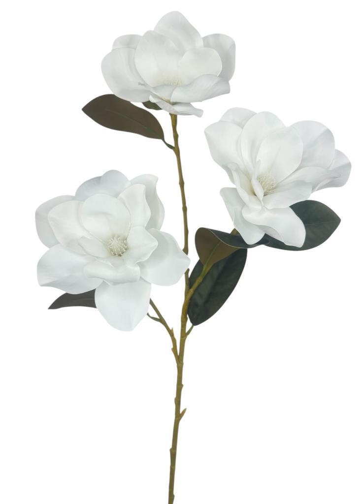 Yapay Çiçek Beyaz Manolya Islak Doku 3 Kafalı Uzun Dal Çiçek Flowers 80cm