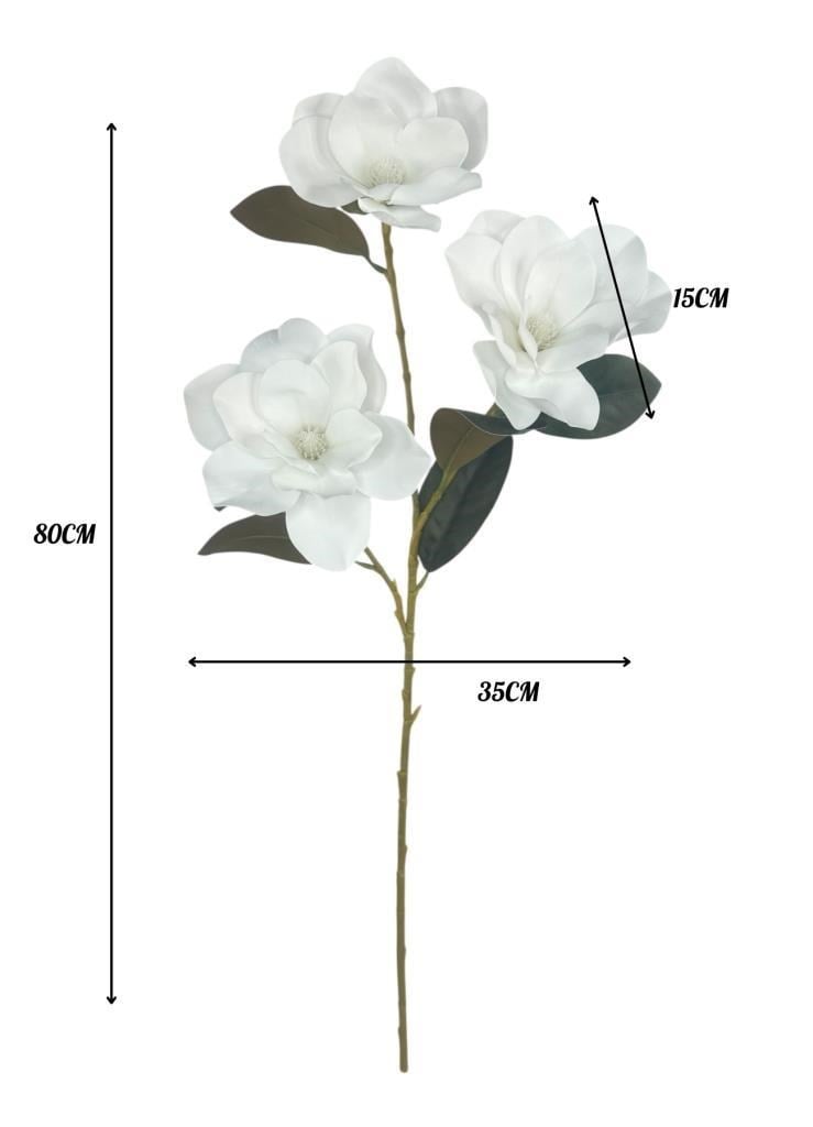 Yapay Çiçek Beyaz Manolya Islak Doku 3 Kafalı Uzun Dal Çiçek Flowers 80cm