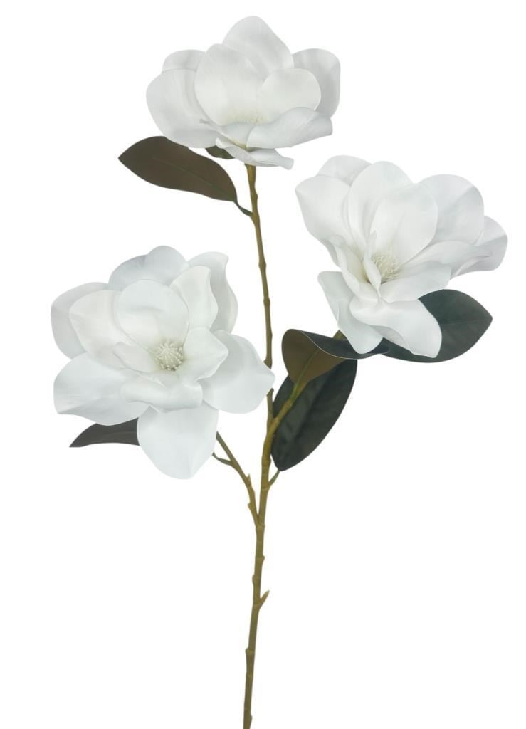 Yapay Çiçek Beyaz Manolya Islak Doku 3 Kafalı Uzun Dal Çiçek Flowers 80cm
