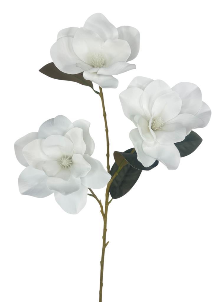 Yapay Çiçek Beyaz Manolya Islak Doku 3 Kafalı Uzun Dal Çiçek Flowers 80cm