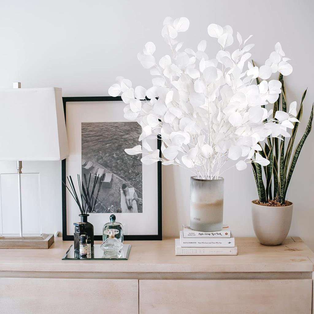 Yapay Çiçek Beyaz Okaliptus Tek Dal Kumaş Yapraklı Uzun Dal 80cm Eucalyptus