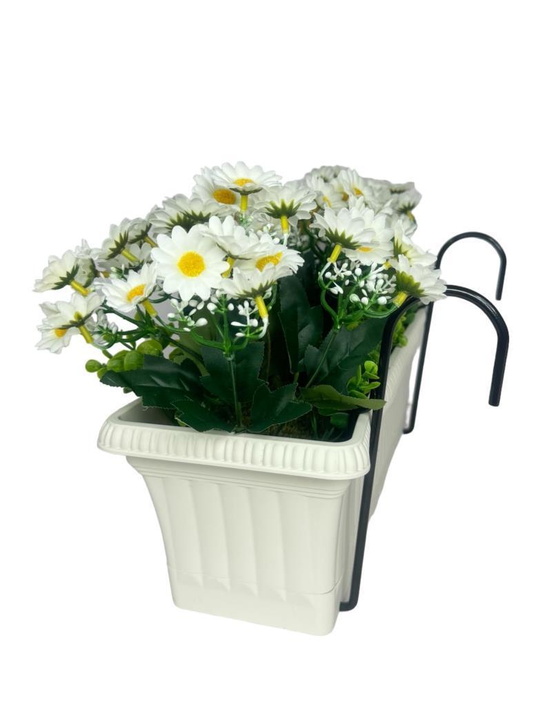 Yapay Çiçek Beyaz Papatya Küpeşte Askılı Saksıda Balkon Çiçeği Çiçek Sepeti