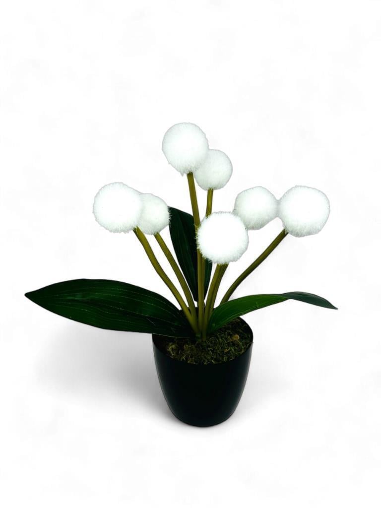 Yapay Çiçek Beyaz Pompon Siyah Saksıda Dekoratif Yapay Çiçek 30*20cm
