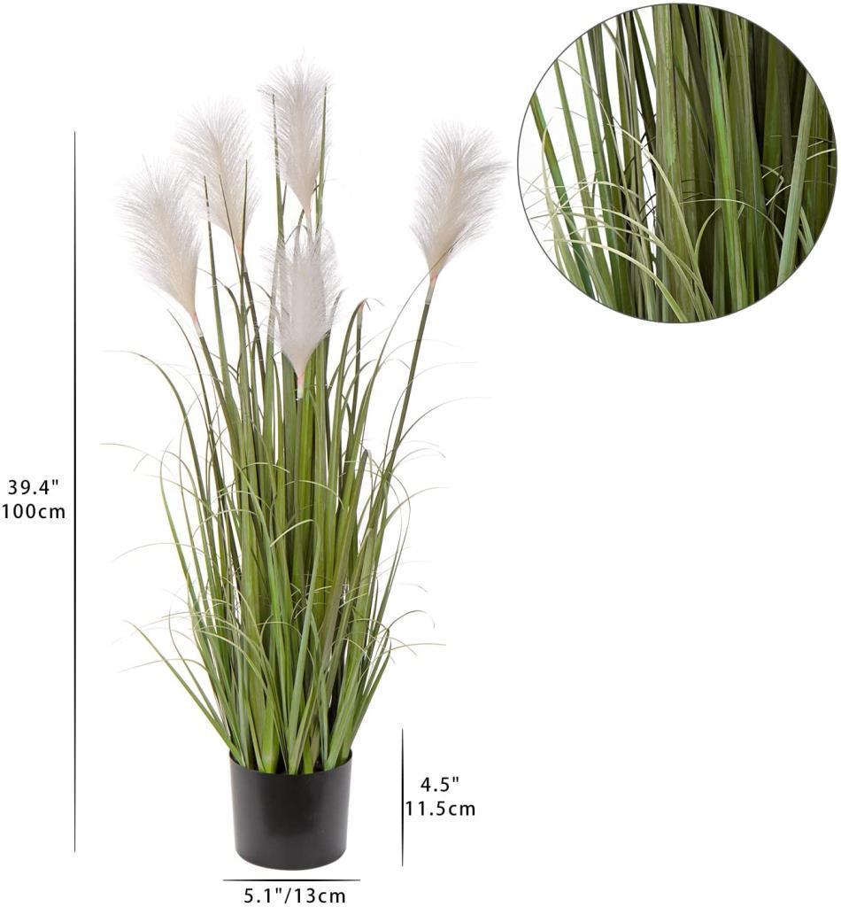 Yapay Çiçek Beyaz Püskül Grass Panpas Saz Siyah Aleminyum Saksıda