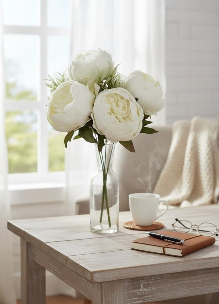 Yapay Çiçek Beyaz Şakayık Demeti 7Dallı Buket 5 Şakayık 2 Aradal Çiçekleri 40*25cm