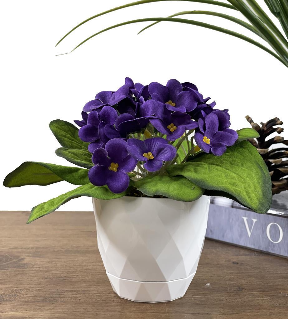 Yapay Çiçek Beyaz Saksıda Kadife Menekşe Gerçekçi Doku MOR