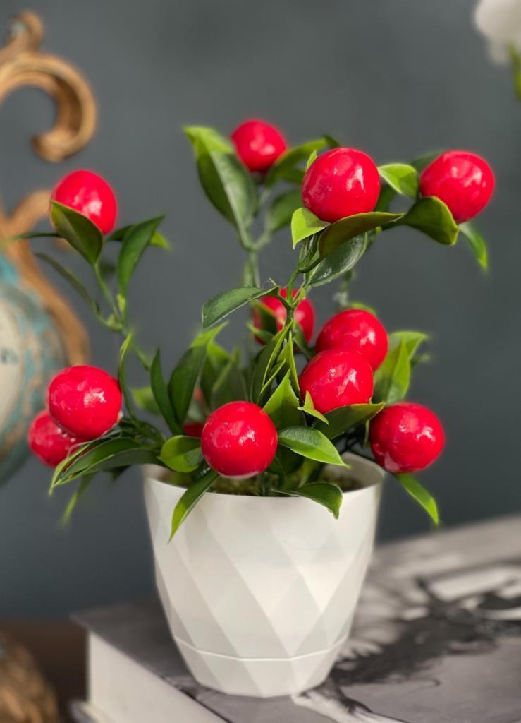 Yapay Çiçek Beyaz Saksıda Kiraz Demeti Kırmızı Top Çiçek 20cm