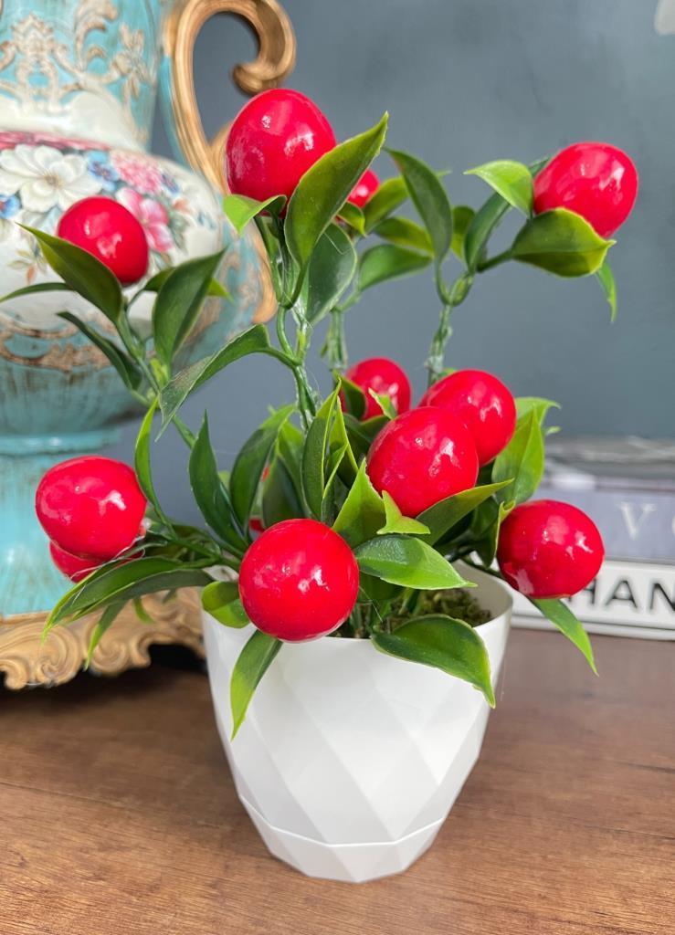 Yapay Çiçek Beyaz Saksıda Kiraz Demeti Kırmızı Top Çiçek 20cm