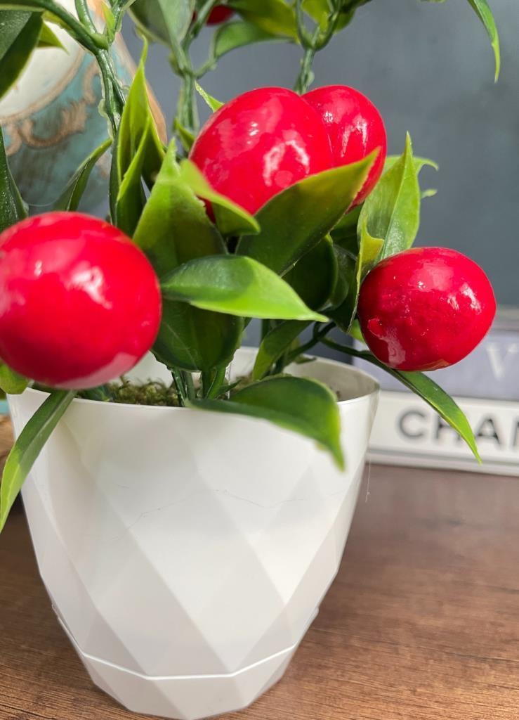 Yapay Çiçek Beyaz Saksıda Kiraz Demeti Kırmızı Top Çiçek 20cm