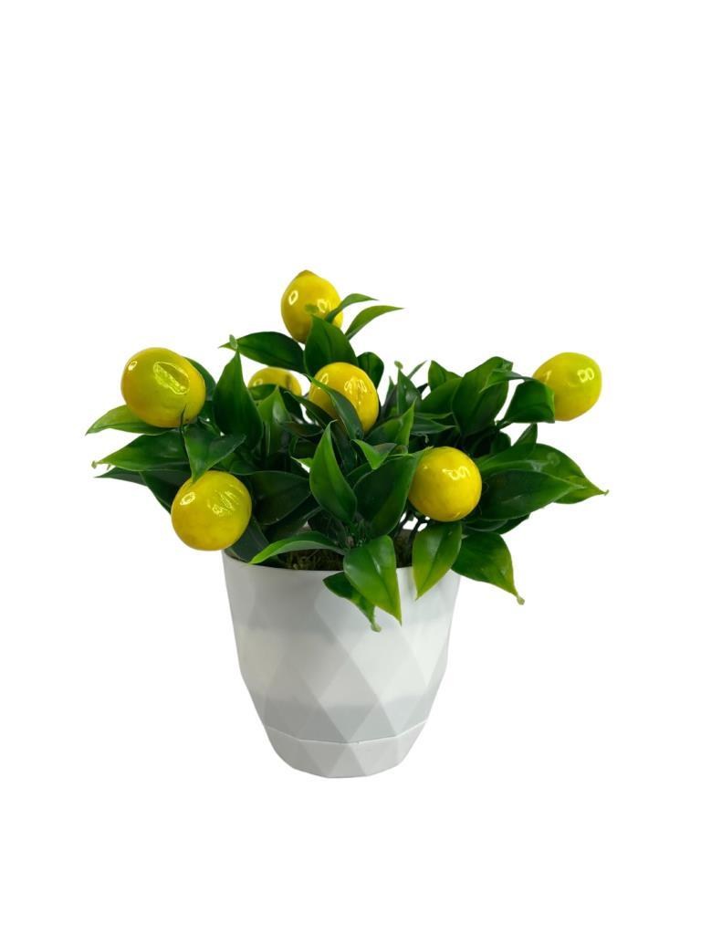 Yapay Çiçek Beyaz Saksıda Limon Dekoratif Masa Çiçeği 25cm