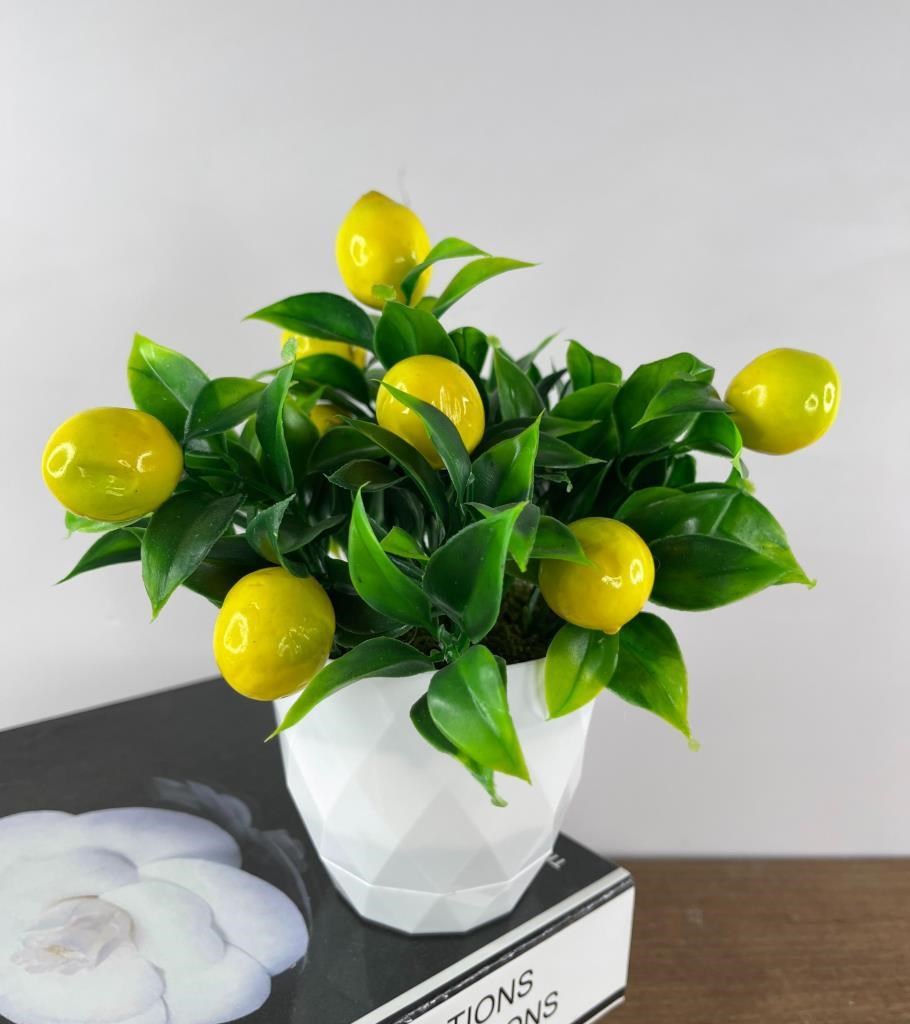 Yapay Çiçek Beyaz Saksıda Limon Demeti Dekoratif Masa Çiçeği 