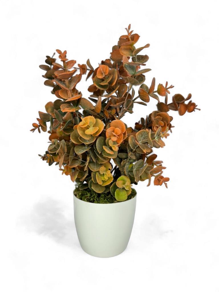 Yapay Çiçek Beyaz Saksıda Okaliptus Şimşir Demeti Pudralı Pastel Turuncu Dekoratif Yapay Bitki