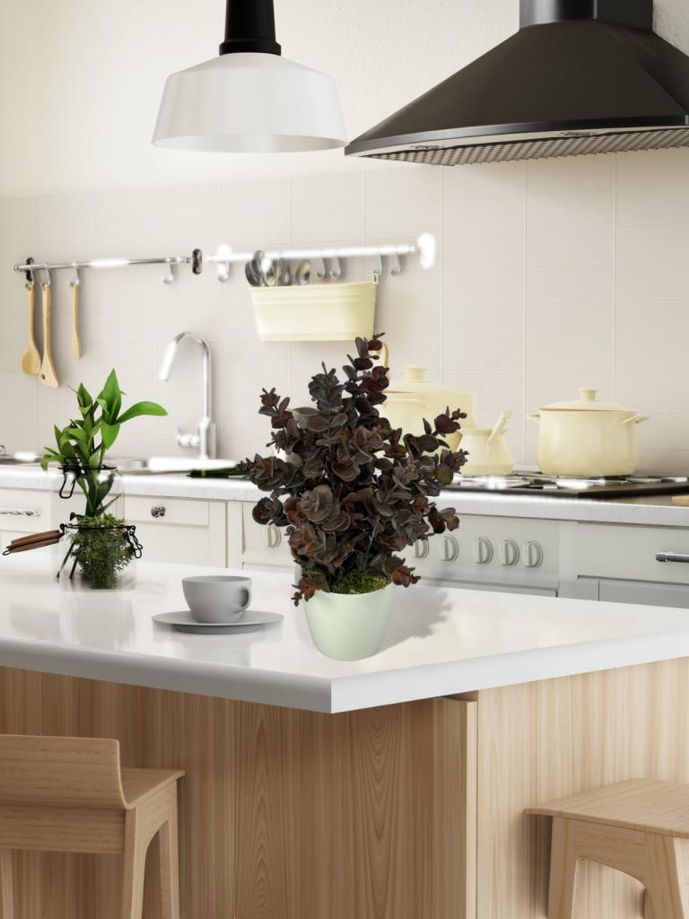 Yapay Çiçek Beyaz Saksıda Okaliptus Şimşir Demeti Pudralı Pastel Kahverengi Dekoratif Yapay Bitki