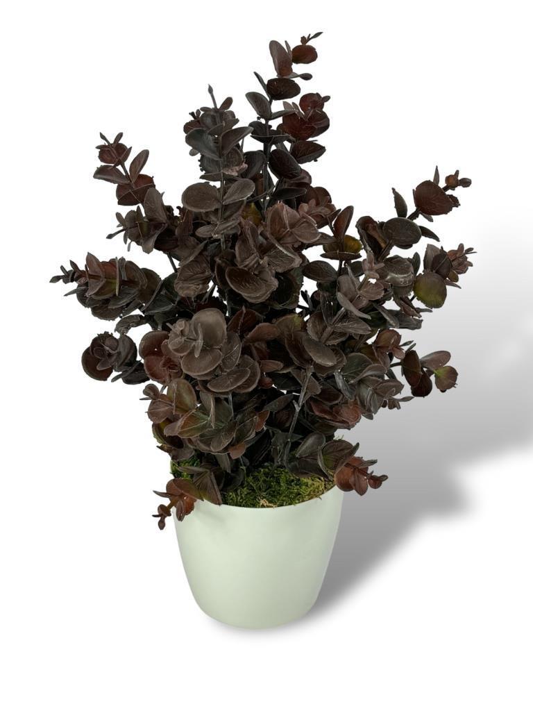 Yapay Çiçek Beyaz Saksıda Okaliptus Şimşir Demeti Pudralı Pastel Kahverengi Dekoratif Yapay Bitki