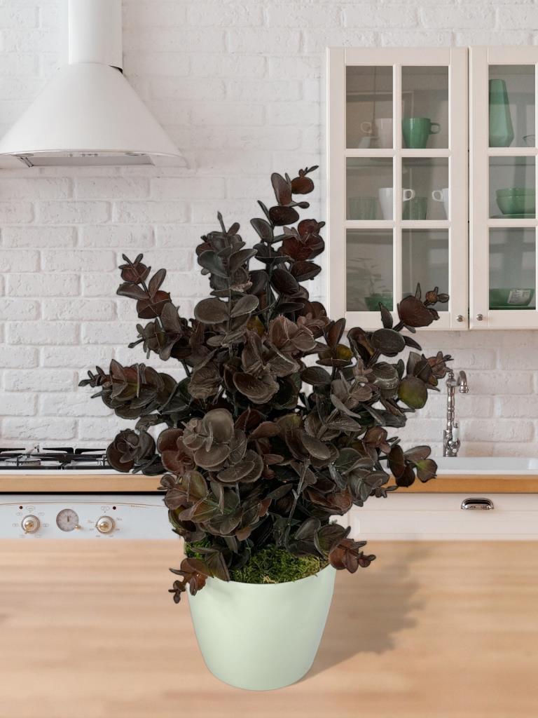 Yapay Çiçek Beyaz Saksıda Okaliptus Şimşir Demeti Pudralı Pastel Kahverengi Dekoratif Yapay Bitki