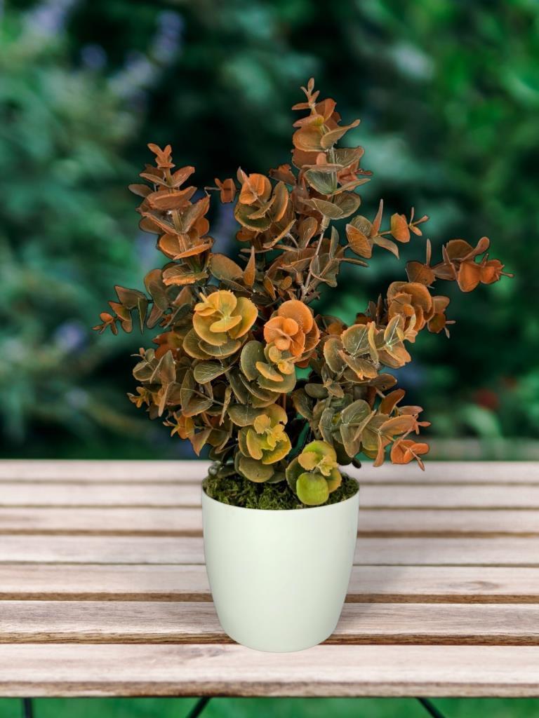 Yapay Çiçek Beyaz Saksıda Okaliptus Şimşir Demeti Pudralı Pastel Turuncu Dekoratif Yapay Bitki