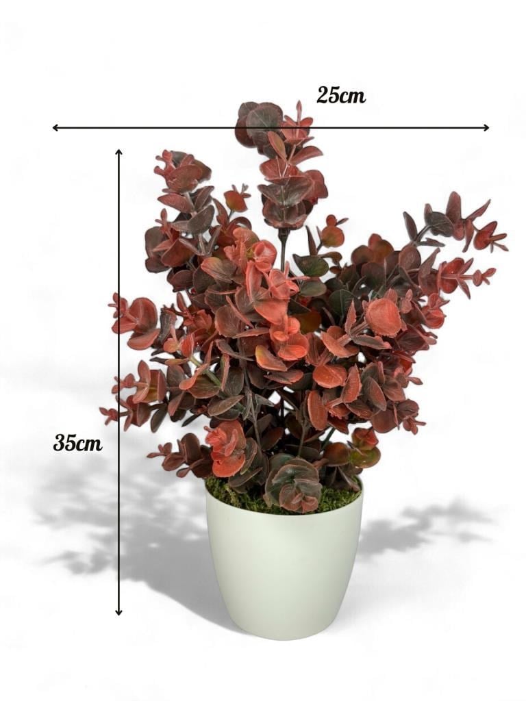 Yapay Çiçek Beyaz Saksıda Okaliptus Şimşir Demeti Pudralı Pastel Bordo Dekoratif Yapay Bitki