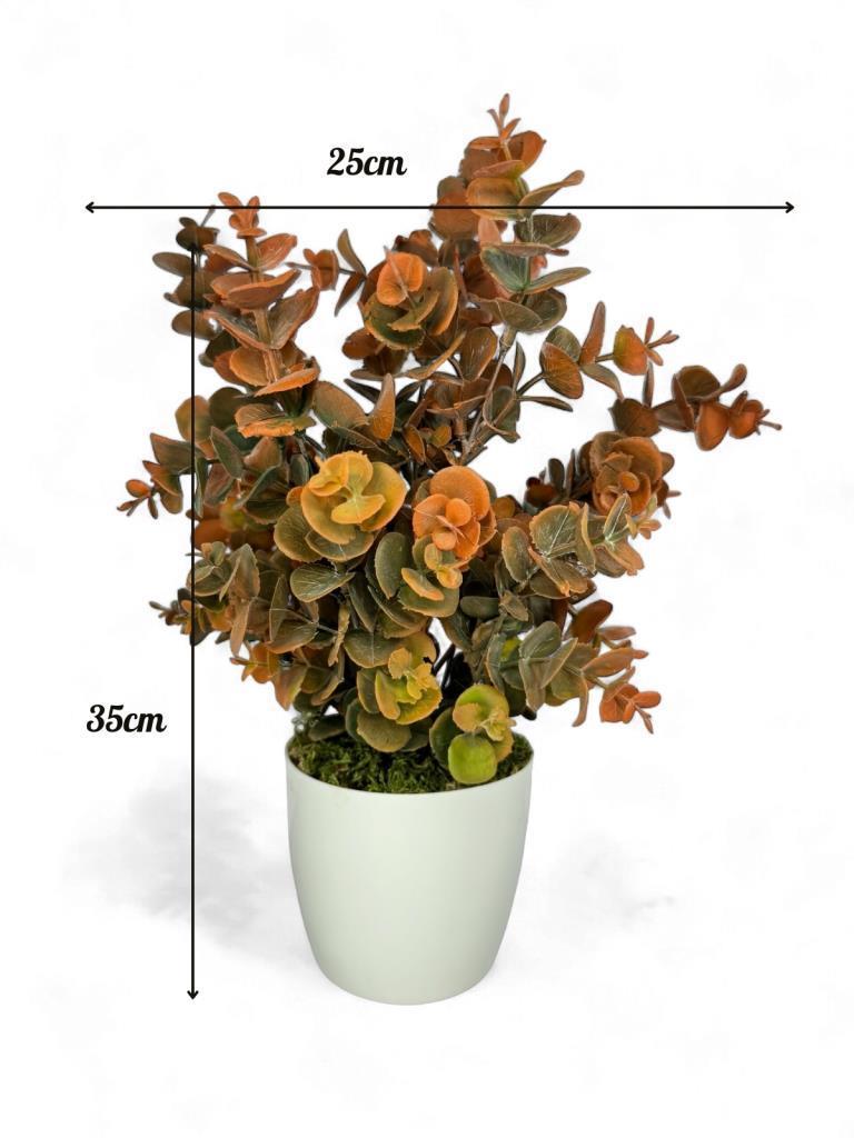 Yapay Çiçek Beyaz Saksıda Okaliptus Şimşir Demeti Pudralı Pastel Turuncu Dekoratif Yapay Bitki