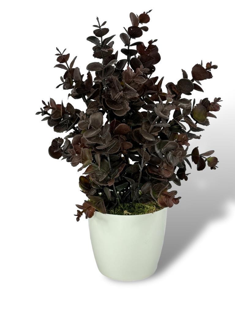 Yapay Çiçek Beyaz Saksıda Okaliptus Şimşir Demeti Pudralı Pastel Kahverengi Dekoratif Yapay Bitki