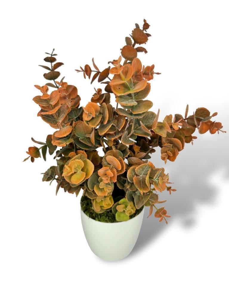 Yapay Çiçek Beyaz Saksıda Okaliptus Şimşir Demeti Pudralı Pastel Turuncu Dekoratif Yapay Bitki