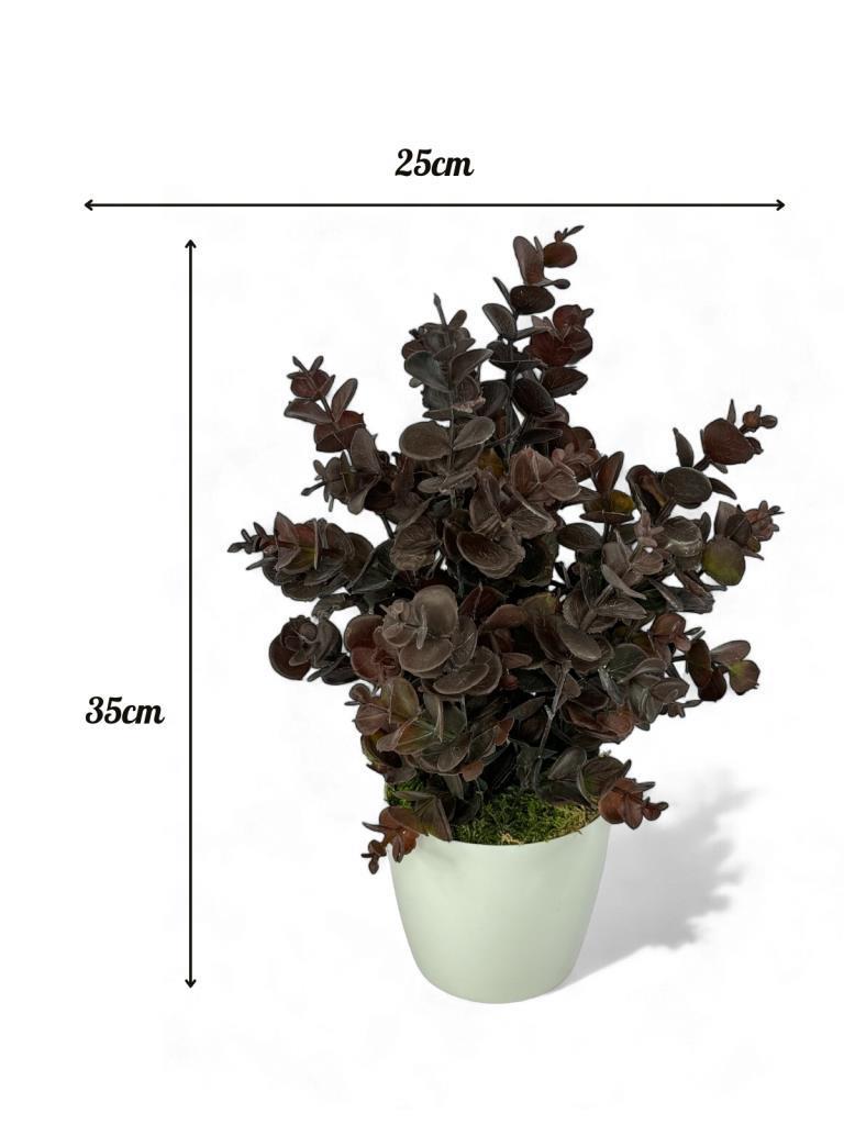 Yapay Çiçek Beyaz Saksıda Okaliptus Şimşir Demeti Pudralı Pastel Kahverengi Dekoratif Yapay Bitki