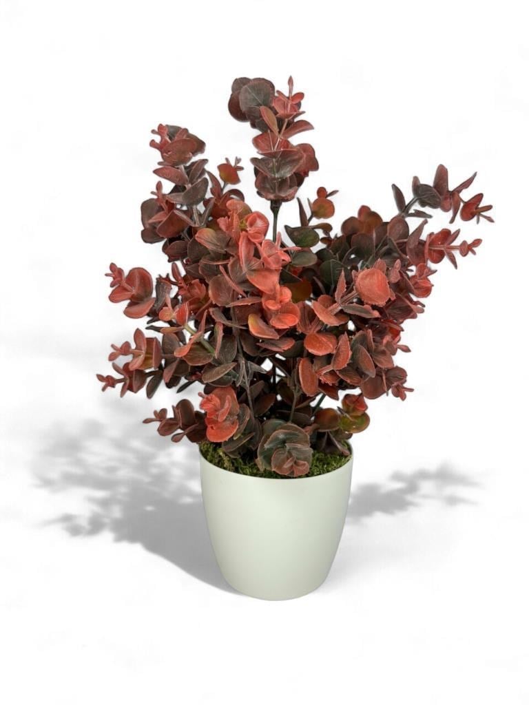 Yapay Çiçek Beyaz Saksıda Okaliptus Şimşir Demeti Pudralı Pastel Bordo Dekoratif Yapay Bitki