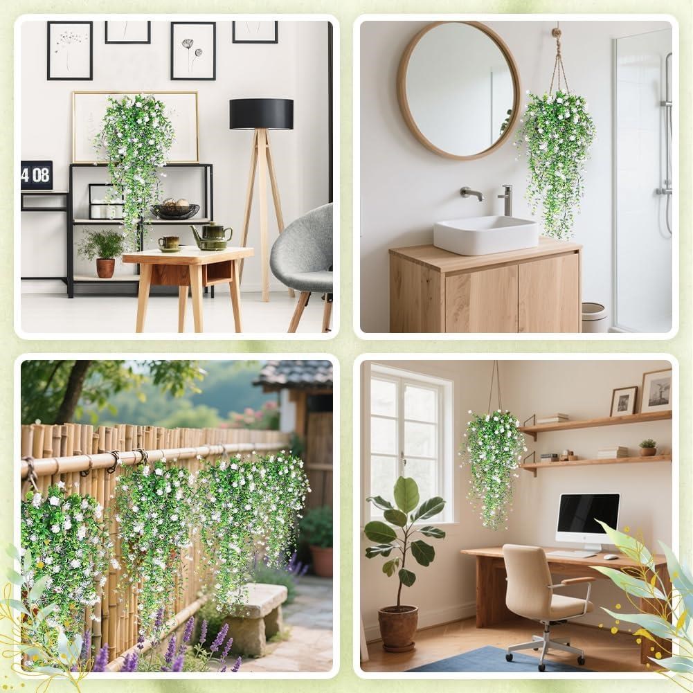 Yapay Çiçek Beyaz Sarkan Lotus Çiçekli Okaliptus Şimşir Yapay Sarmaşık 5dal 60cm