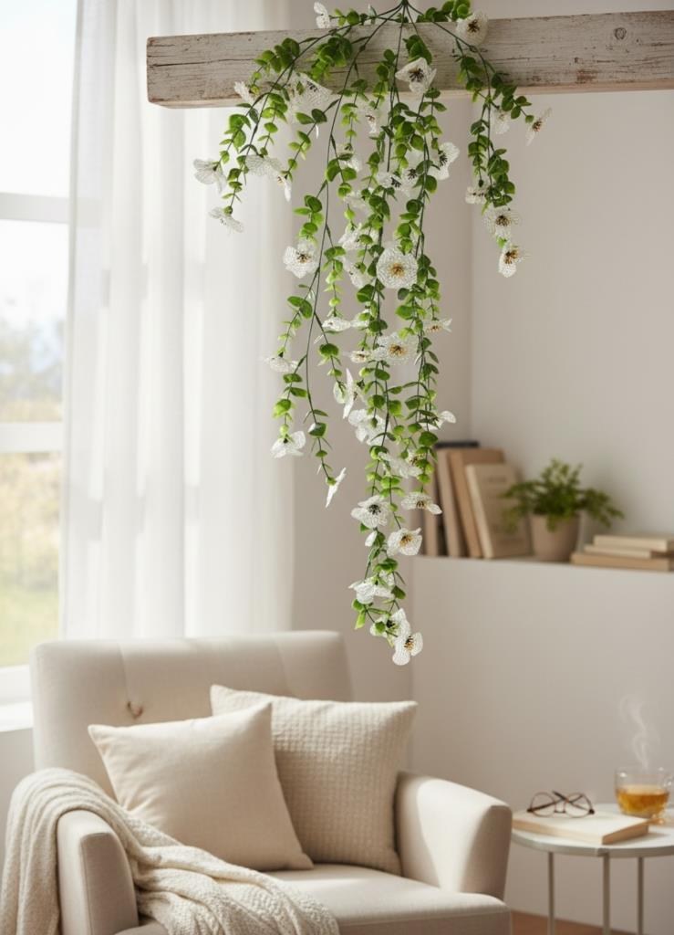 Yapay Çiçek Beyaz Sarkan Mineli Okaliptus Şimşir Yapay Sarmaşık 5dal 60cm