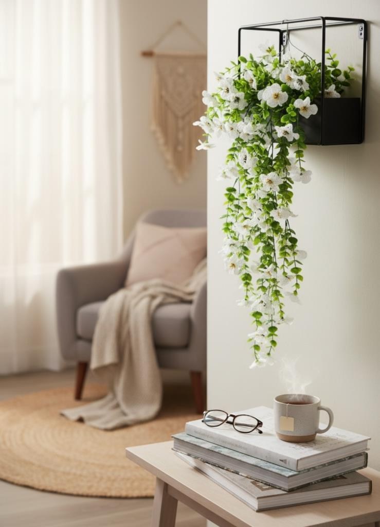Yapay Çiçek Beyaz Sarkan Mineli Okaliptus Şimşir Yapay Sarmaşık 5dal 60cm