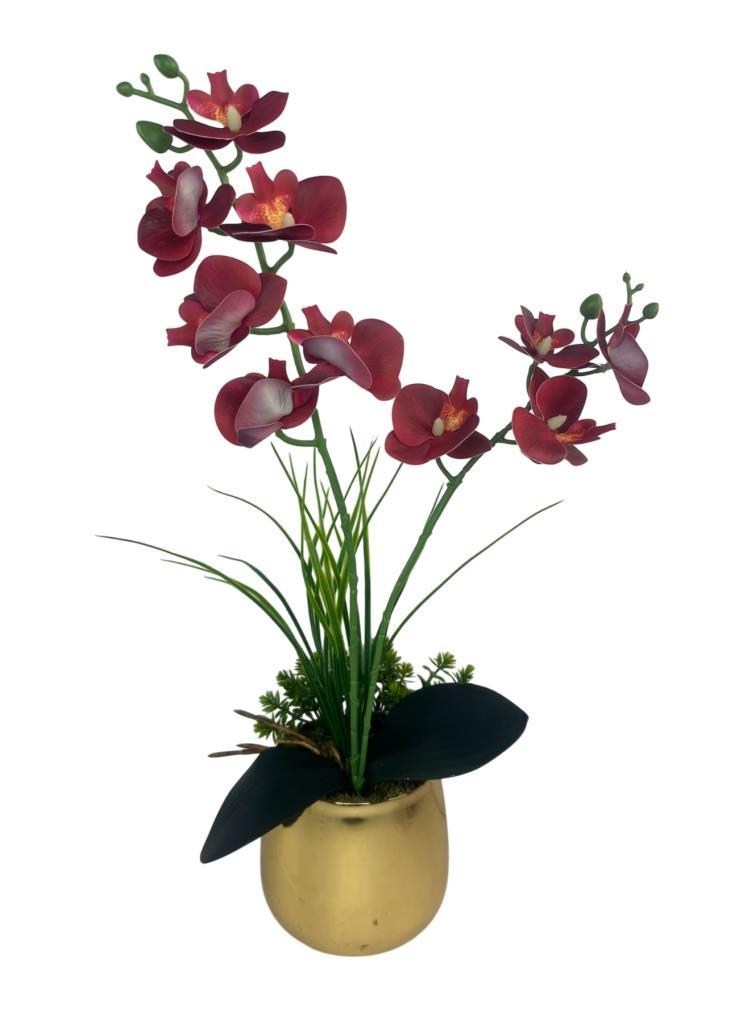 Yapay Çiçek Bordo Islak Orkide Gold Metal Saksıda Saksıda Orkide 50cm