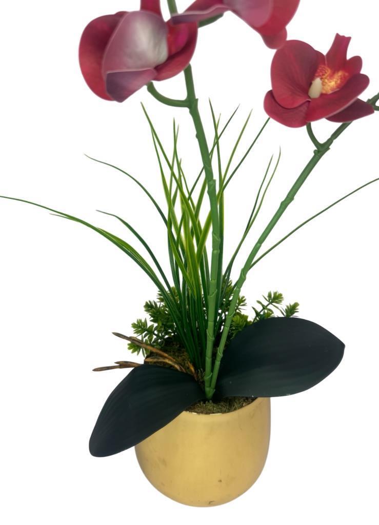 Yapay Çiçek Bordo Islak Orkide Gold Metal Saksıda Saksıda Orkide 50cm