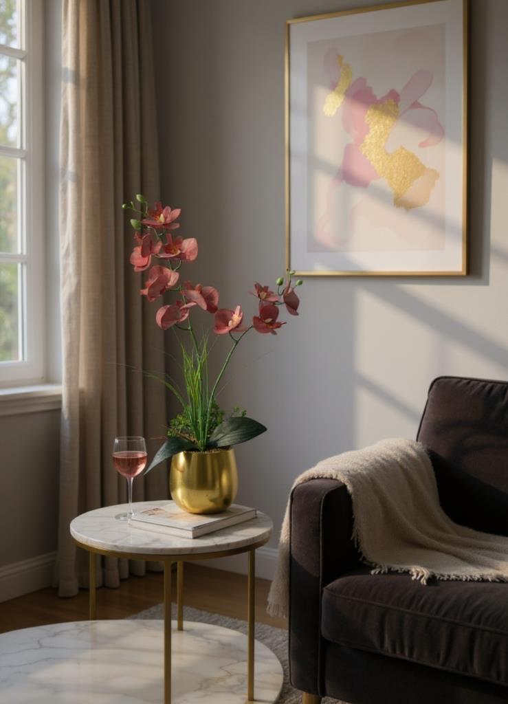 Yapay Çiçek Bordo Islak Orkide Gold Metal Saksıda Saksıda Orkide 50cm