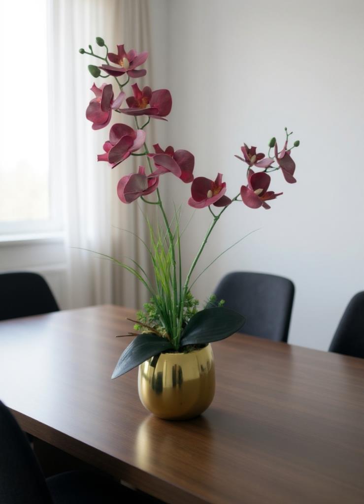 Yapay Çiçek Bordo Islak Orkide Gold Metal Saksıda Saksıda Orkide 50cm