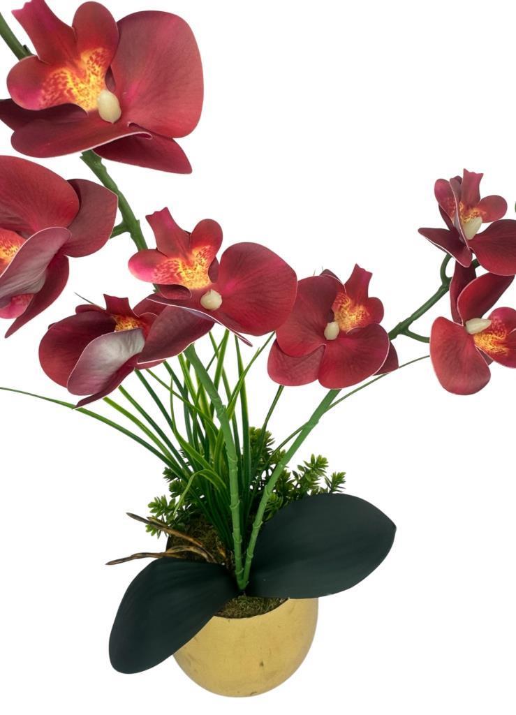 Yapay Çiçek Bordo Islak Orkide Gold Metal Saksıda Saksıda Orkide 50cm