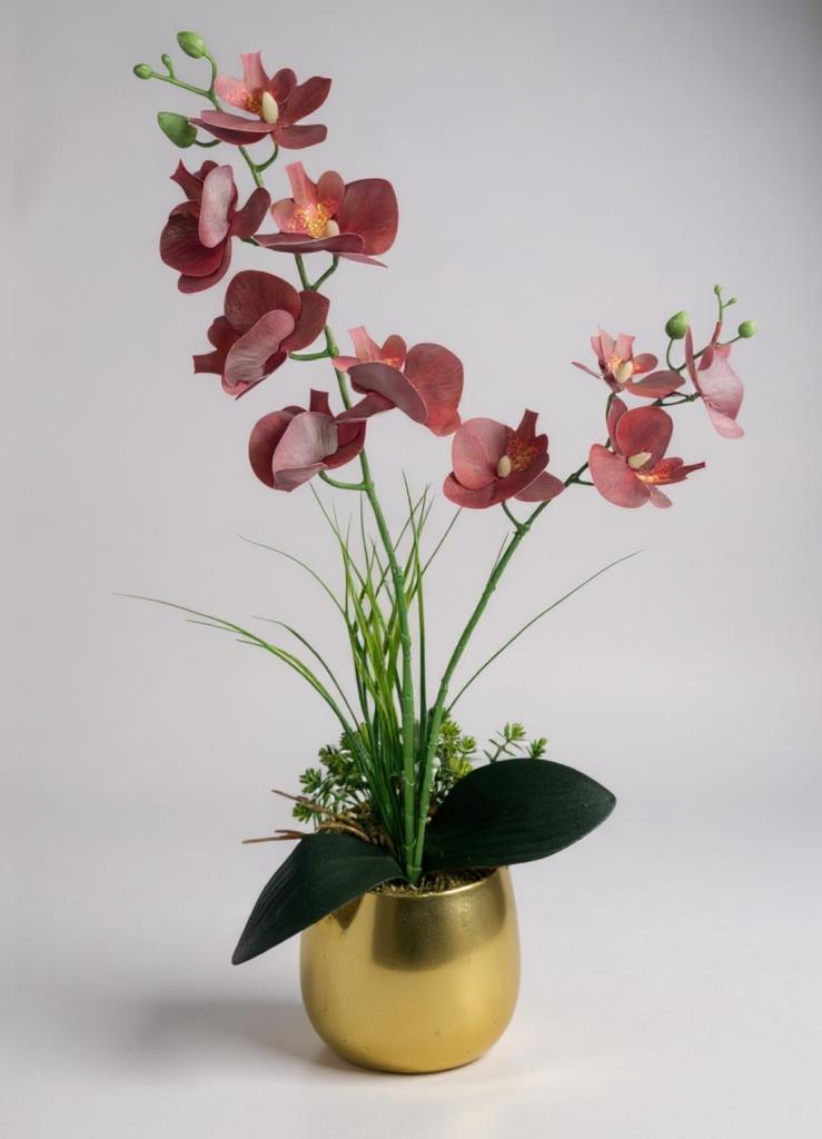 Yapay Çiçek Bordo Islak Orkide Gold Metal Saksıda Saksıda Orkide 50cm